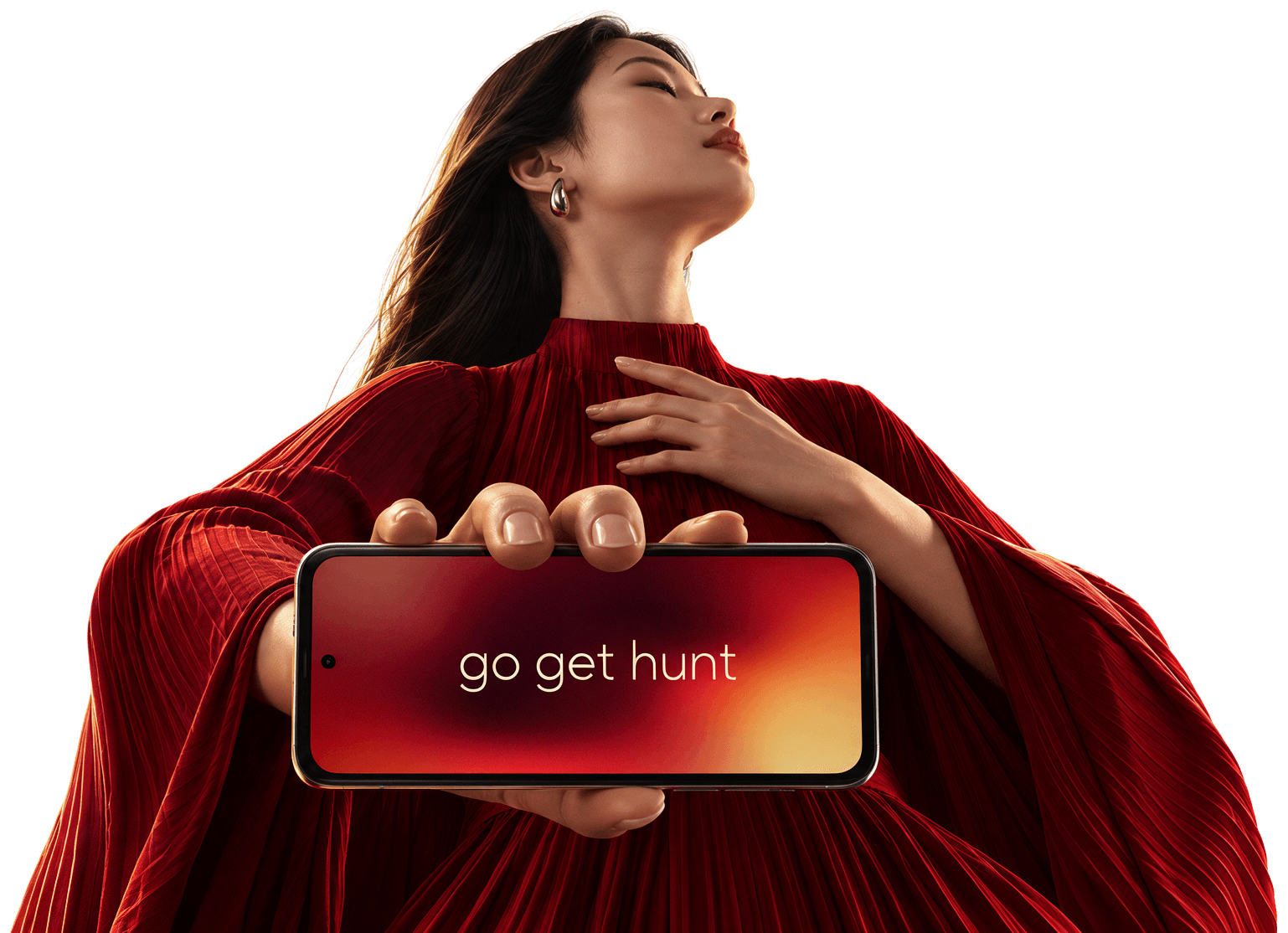 A woman holds a phone displaying ‘go get hunt’.