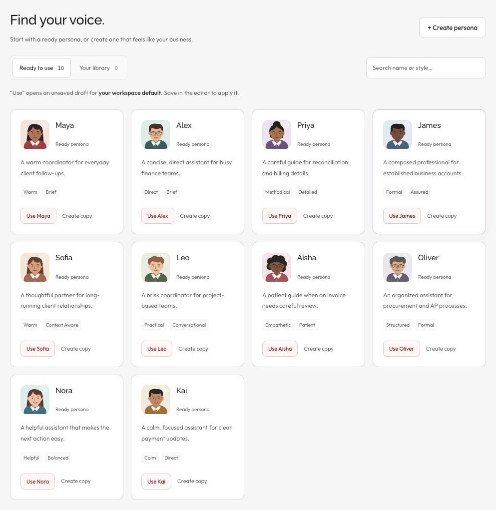 AI persona workspace in the HUNT demo, showing sample data.
